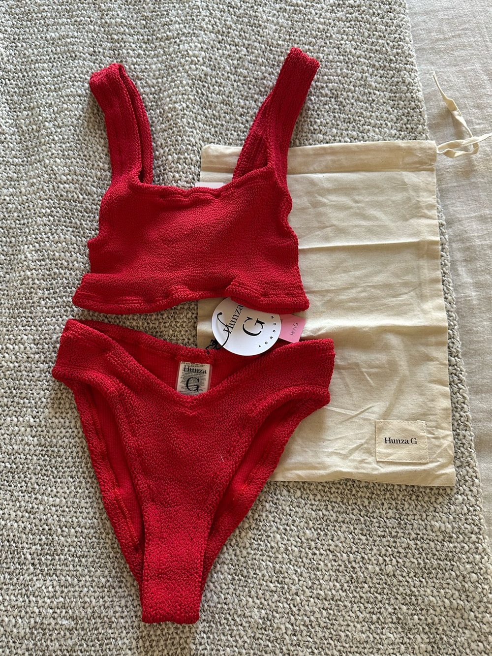 Hunza G Red Xandra Bikini Top with V Waist Bikini Bottom - Picture 1 of 9